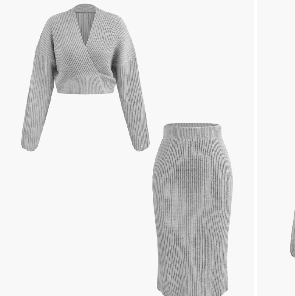 V-neck Long Sleeve Sweater And Skirt Set